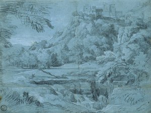 Landschaft mit Bergstadt und Wasserfall von Gaspard Poussin Dughet